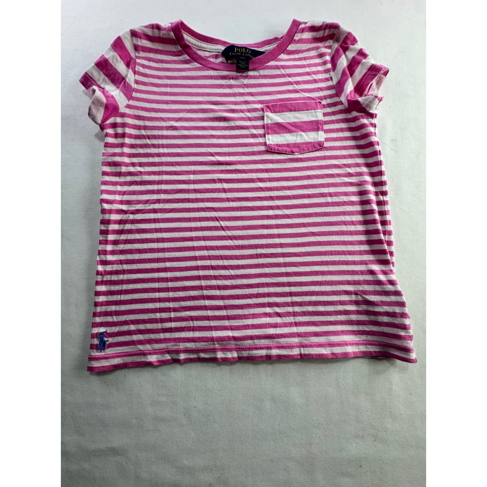 Polo Ralph Lauren Girls Pink White Striped Pocket T-Shirt Size S 7